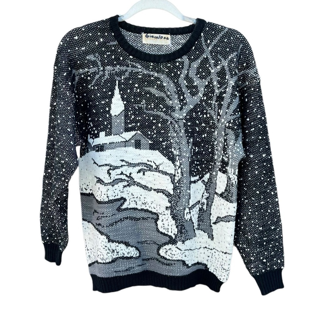 VTG Snowy Landscape Knit Sweater Chapel Stream Trees Laguna Hill 80s 90s Blk Wht
